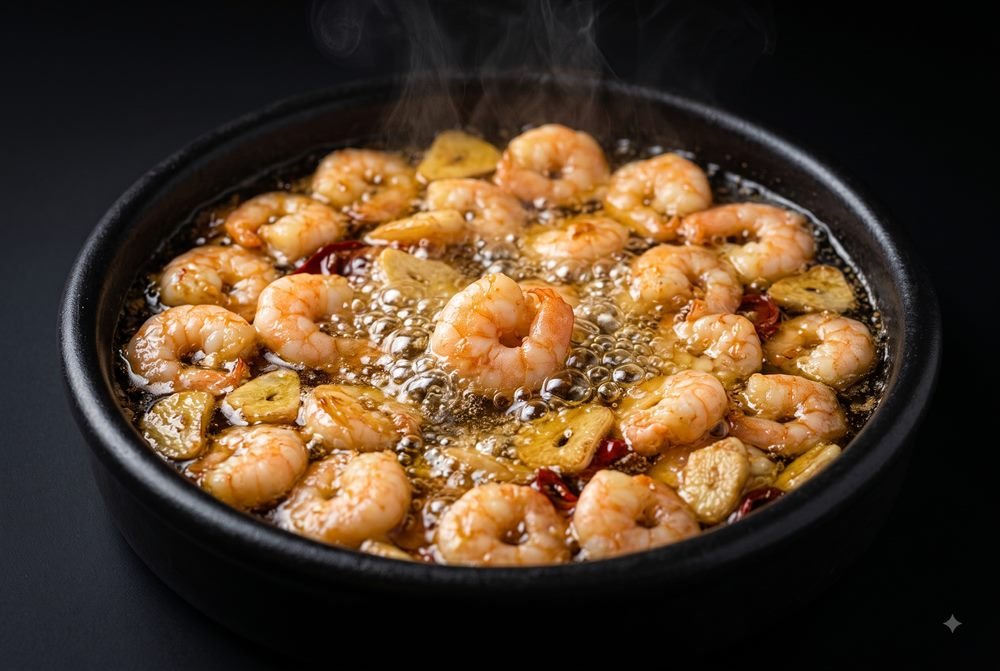 Gambas al pil pil, servidas hirviendo.
