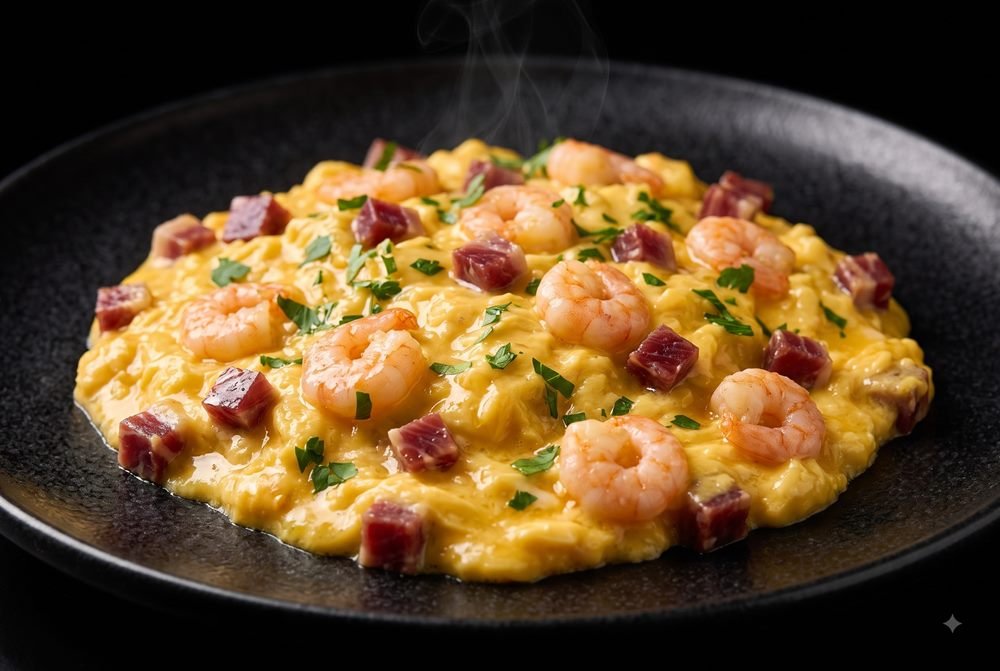 Revuelto de jamón y gambas