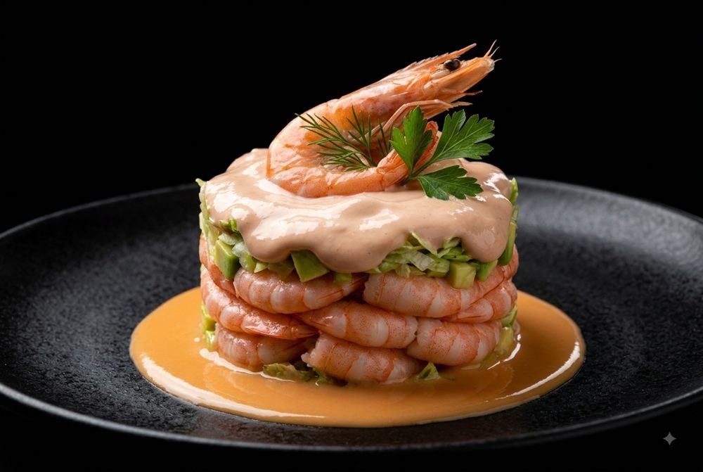 Timbal de langostinos con salsa rosa